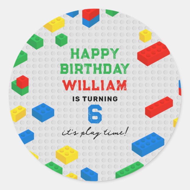 Pegatina Redonda Ladrillos Coloridos Cuidados Bloquean Niños Cumple (Anverso)