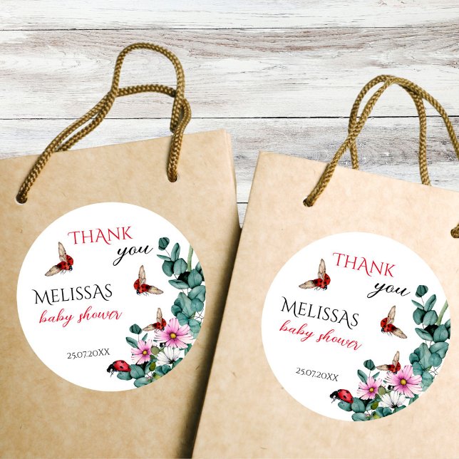 Pegatina Redonda Lady bug pequeña dama baby water (Lady bug little lady spring summer girls baby shower thank you favor sticker)