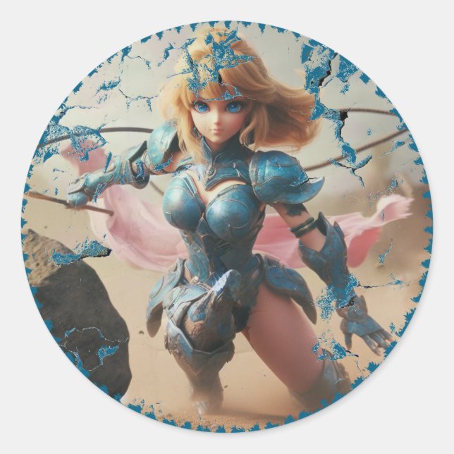 Pegatina Redonda Lady en Blue Armor (Anverso)