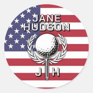 Pegatina Redonda Lady Golfer Patriotic Monogram Design
