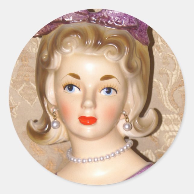Pegatina Redonda Lady Head Vase Big Purple Bow Glam Flipped Hair (Anverso)