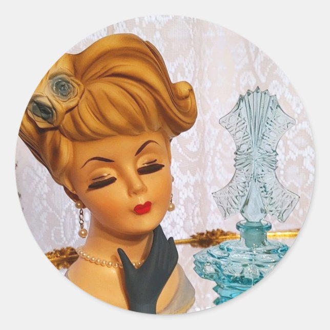 Pegatina Redonda Lady Head Vase Blue Rosas Perfume Botella Glam  (Anverso)