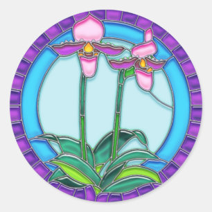 Pegatina Redonda Lady Slipper Orchids en vidrio manchado circular