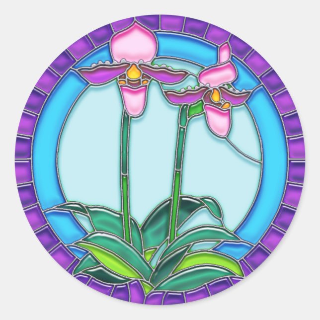 Pegatina Redonda Lady Slipper Orchids en vidrio manchado circular (Anverso)