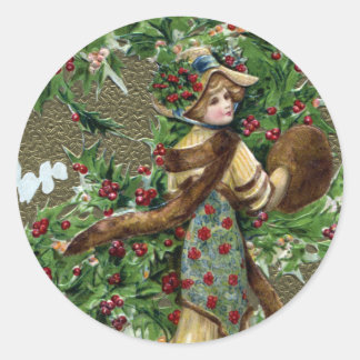 Pegatina Redonda Lady y Holly Berries Vintage Christmas