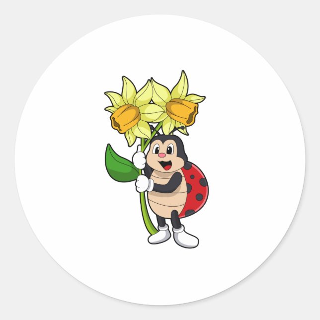 Pegatina Redonda Ladybug con Flower Daffodil (Anverso)