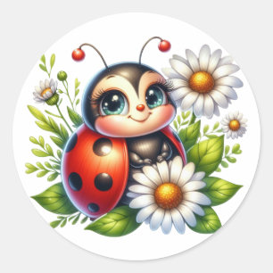 Pegatina Redonda Ladybug de acuarela