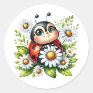 Pegatina Redonda Ladybug de acuarela