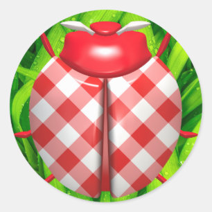 Pegatina Redonda Ladybug grass gingham check lindo rojo blanco verd