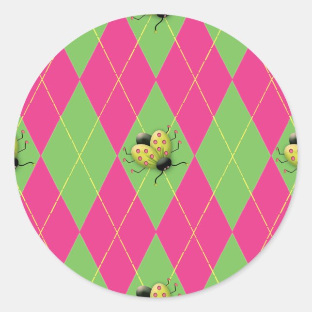 Pegatina Redonda Ladybug Rosa y Verde Argyle (Anverso)