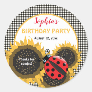 Pegatina Redonda Ladybugs and Sunflower Fiesta de cumpleaños gracia
