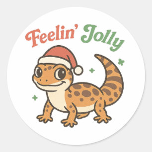 Pegatina Redonda Lagarto Gecko de Navidad sintiéndose Alegre