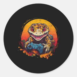 Pegatina Redonda Lagarto Gecko Leopardo Jugando Videojuego Lagarto