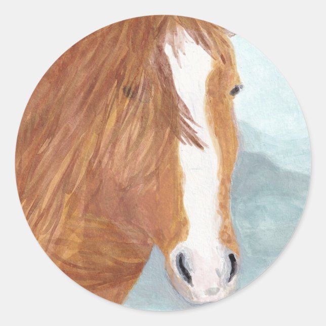 Pegatina Redonda Lago Brown Wild Horse Blue Mountain - acrílico. (Anverso)