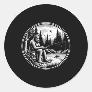 Pegatina Redonda Lago de pesca de Bigfoot Sasquatch pescador divert