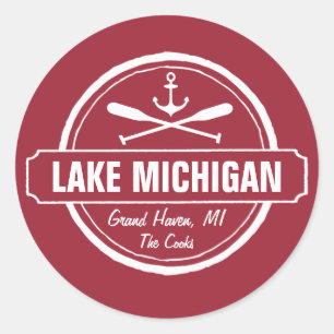 Pegatina Redonda Lago Michigan, ciudad personalizado, nombre, ancla