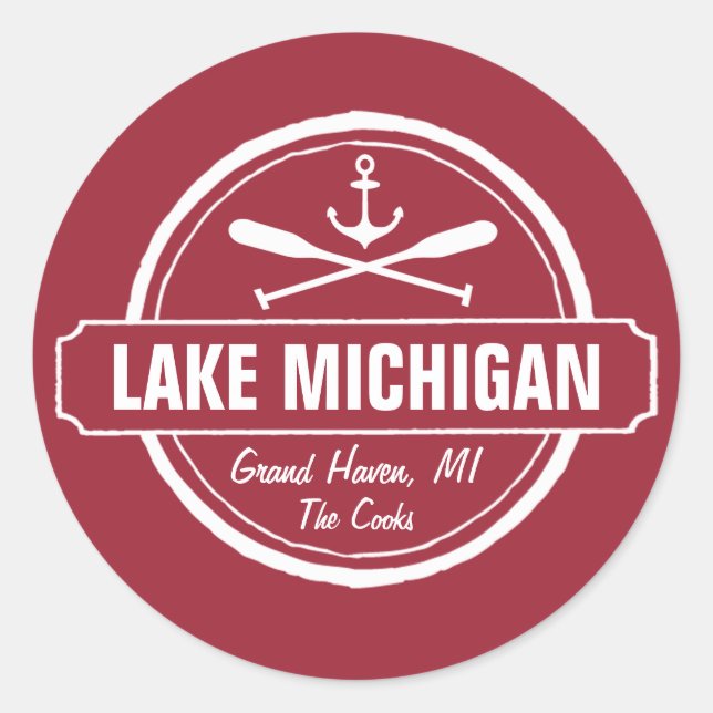 Pegatina Redonda Lago Michigan, ciudad personalizado, nombre, ancla (Anverso)