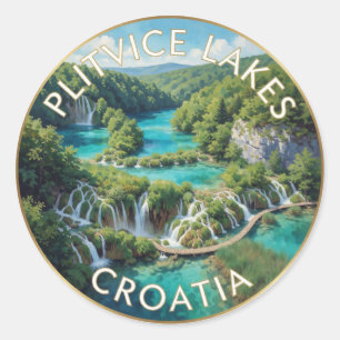 Pegatina Redonda Lagos de Plitvice Croacia Cascadas Turquesas