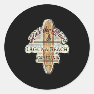 Pegatina Redonda Laguna Beach Distresage Retro Surfboard Si