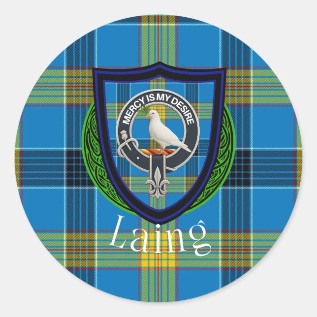 Pegatina Redonda Laing Scottish Clan Tartan & Crest (Anverso)
