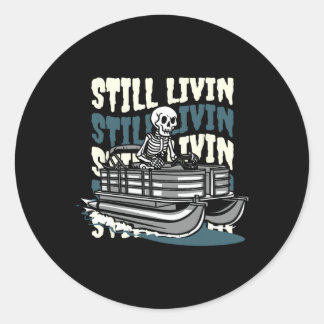 Pegatina Redonda Lake Skeleton - Boating Pontoon Boat 