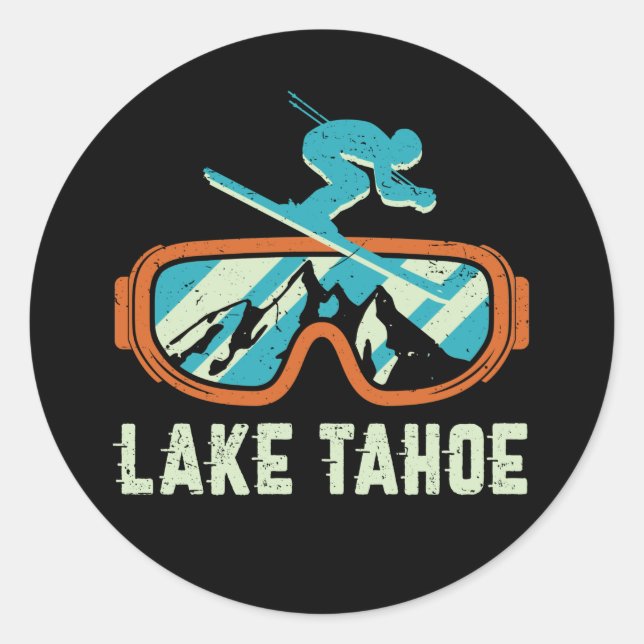 Pegatina Redonda Lake Tahoe California Retro Skiing Snowboarding (Anverso)