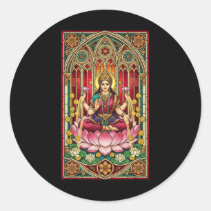 Pegatina Redonda Lakshmi Diosa de la Riqueza Vidrio Teñido Hinduism