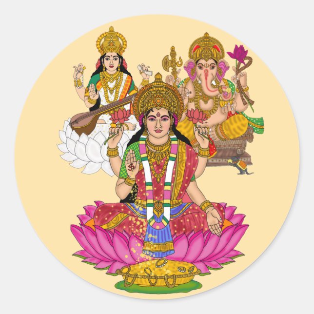 Pegatina Redonda Lakshmi Saraswati Ganesha Stickers (Anverso)