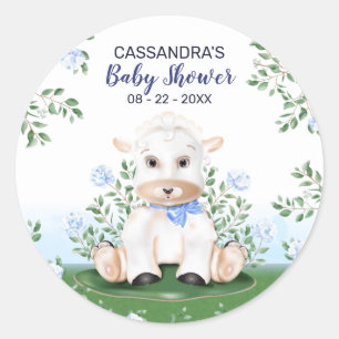 Pegatina Redonda Lamb Blue Floral Boy Baby Shower