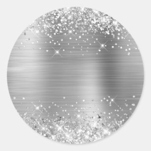 Pegatina Redonda Lámina de plata brillante en blanco