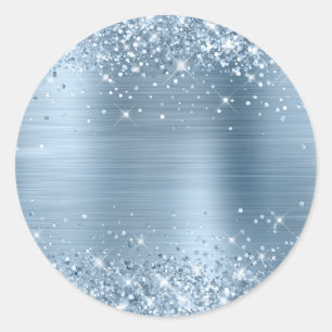 Pegatina Redonda Lámina metálica azul claro brillante en blanco