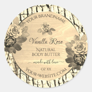 Pegatina Redonda Láminas de Rosas Sepia de madera marrón claro