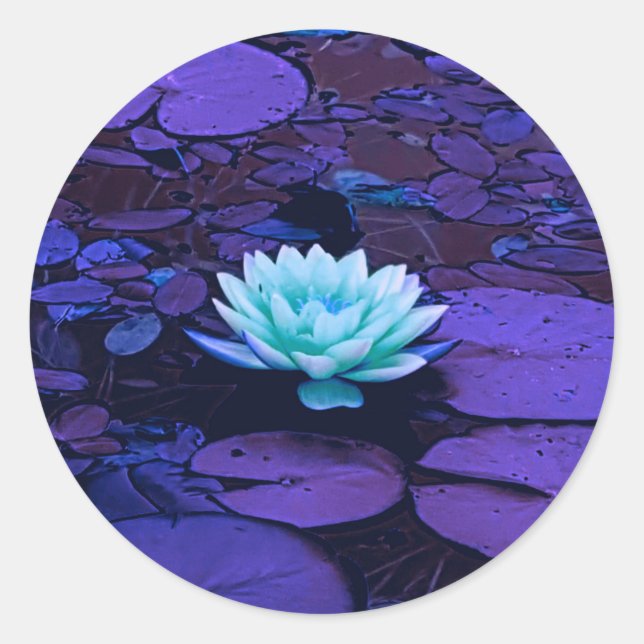 Pegatina Redonda Lámpara Flor Morado Azul Turquesa Floral Pond Zen (Anverso)