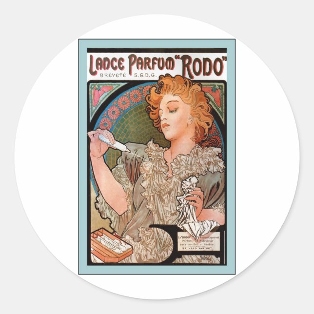 Pegatina Redonda Lance Parfum ~ Rodo ~ Alphonse Mucha (Anverso)