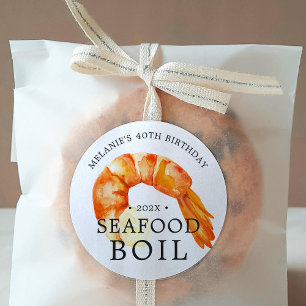 Pegatina Redonda Langostinos   Fiesta de Cumpleaños con Tema de Mar