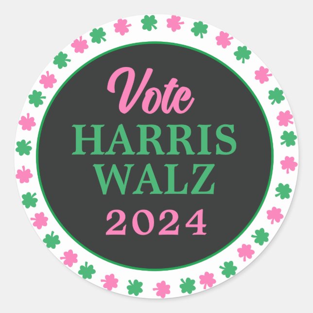 Pegatina Redonda Lanza verde rosa 2024 Vote Harris Walz (Anverso)