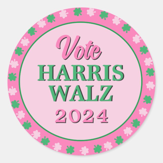 Pegatina Redonda Lanza verde rosa 2024 Vote Harris Walz (Anverso)