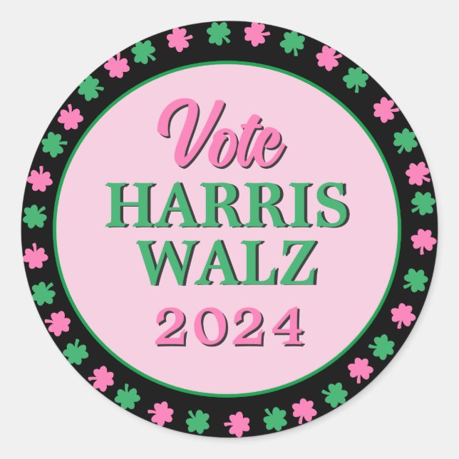 Pegatina Redonda Lanza verde rosa 2024 Vote Harris Walz (Anverso)