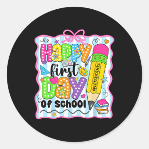 Pegatina Redonda Lápiz del primer día feliz de la escuela para los