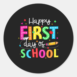 Pegatina Redonda Lápiz Feliz Primer Día De Escuela Profesor Niños C
