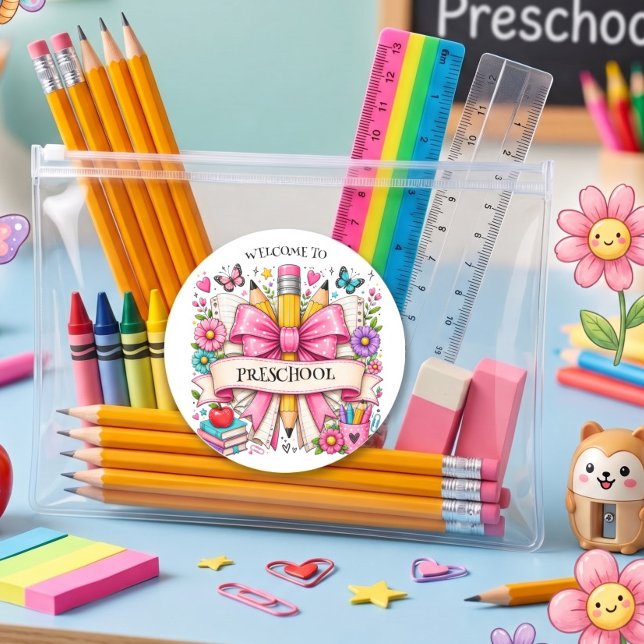 Pegatina Redonda Lápiz Retro de Bienvenida a Preescolar (Subido por el creador)