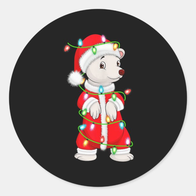 Pegatina Redonda Lar Bear Christmas Lights Santa Costume Cute Anima (Anverso)