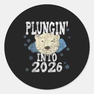 Pegatina Redonda Lar Bear Plunge - Sumergiéndose en el frío Año Nue