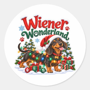 Pegatina Redonda Larga y Feliz Navidad Divertido Dachshund Navidad