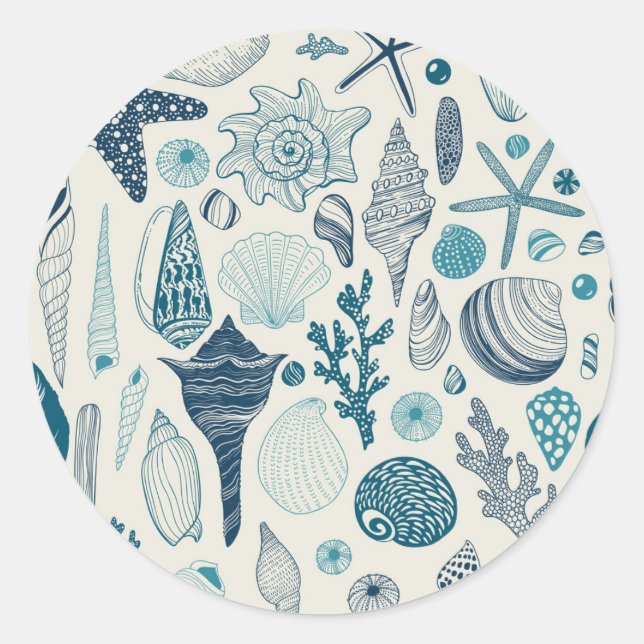Pegatina Redonda Las conchas de mar sobre blanco roto (Anverso)