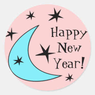 Pegatina Redonda Las Estrellas del Retro Boomerang "¡Feliz Año Nu