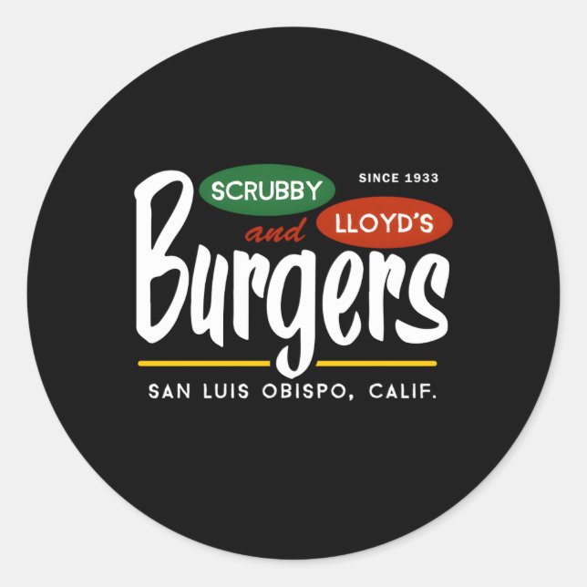 Pegatina Redonda Las Hamburguesas De Scrubby Lloyd San Luis Obispo  (Anverso)