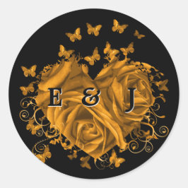 Pegatina Redonda Las Mariposas Gold Heart Bride & Groom Swirls