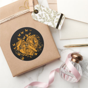 Pegatina Redonda Las Mariposas Gold Heart Bride & Groom Swirls