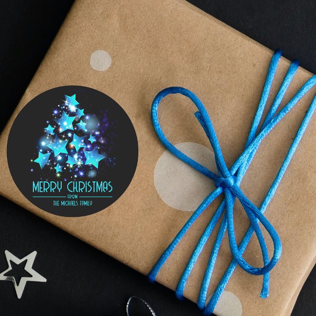Pegatina Redonda Las modernas estrellas azules del árbol de Navidad (Subido por el creador)